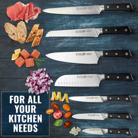 Cutluxe knives arranged on board showcasing full tang ergonomic design.