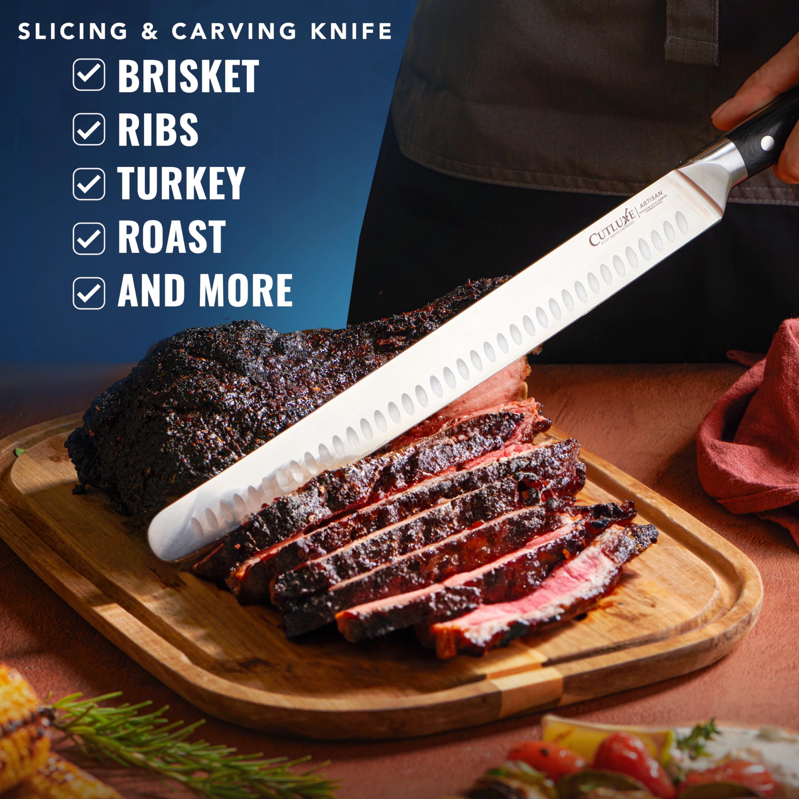 Cutluxe laminated pakkawood handle detail for premium grip and sanitary feel