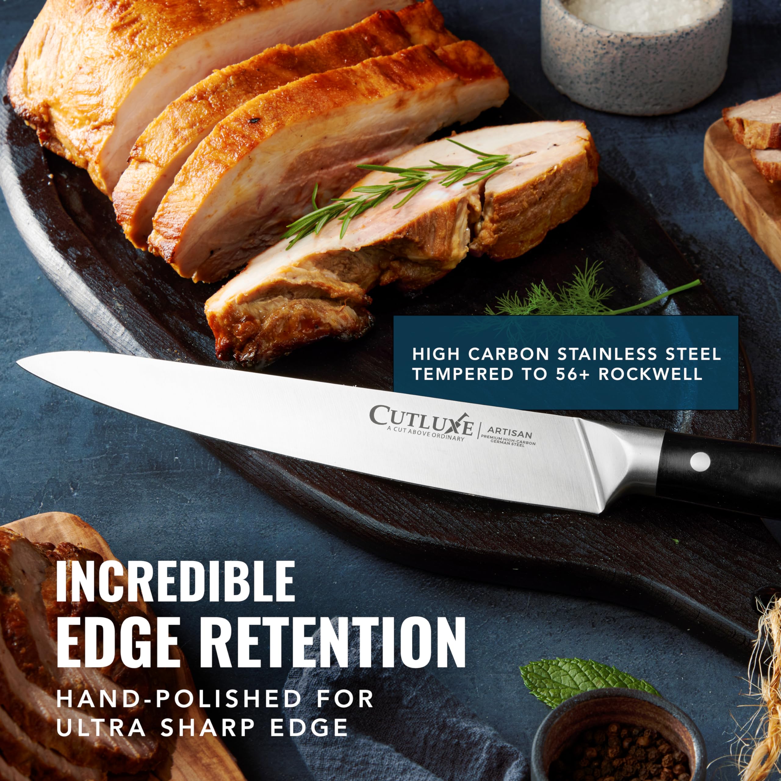 Cutluxe meat carving set displayed on wood board for chef-ready presentation