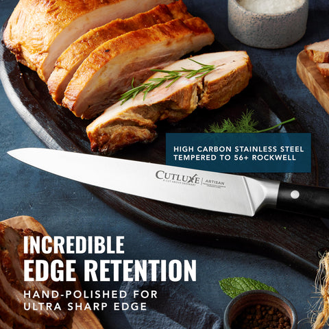 Cutluxe meat carving set displayed on wood board for chef-ready presentation