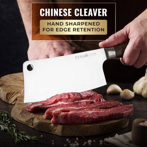 Cutluxe meat cleaver slicing meat in kitchen