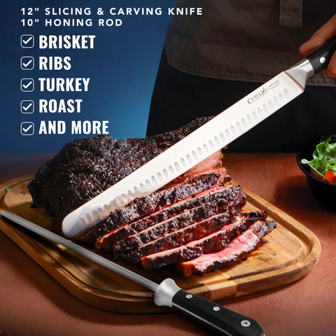 Cutluxe pakkawood handles provide secure grip during long carving sessions