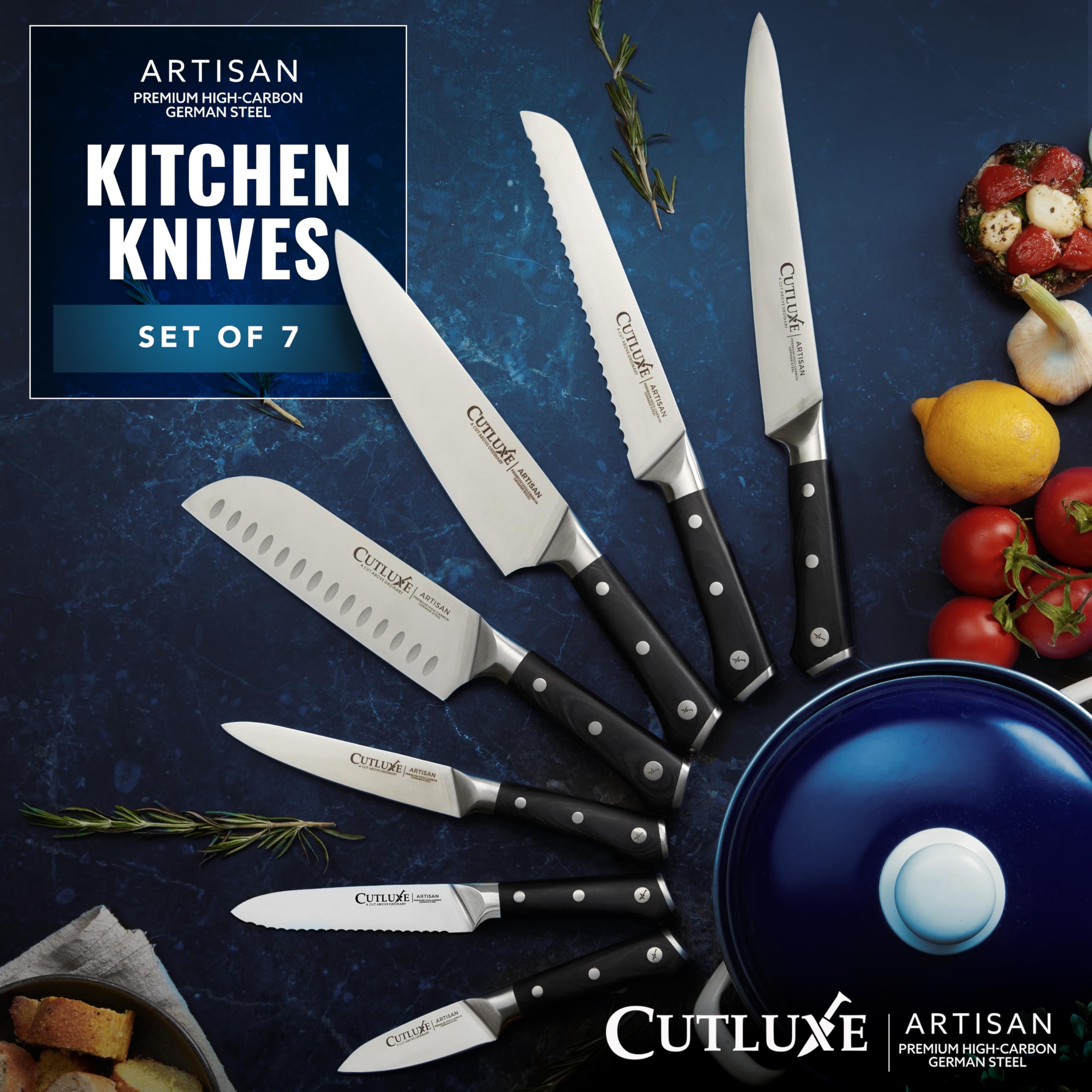 Cutluxe blade close-up highlighting rust-resistant German steel and sharp edge.
