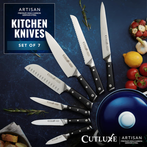 Cutluxe blade close-up highlighting rust-resistant German steel and sharp edge.