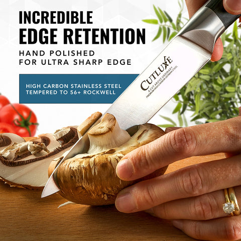 Cutluxe razor-sharp edge close-up for clean, effortless slices.