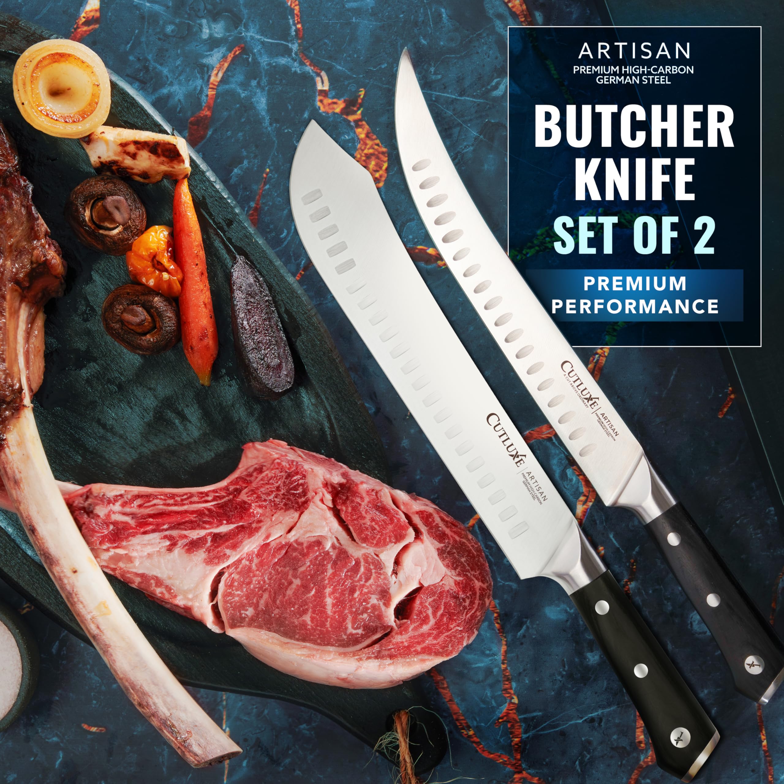 Cutluxe razor-sharp granton edge highlights reduced friction during slicing.
