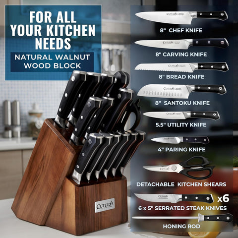 Cutluxe 7-inch Santoku knife ready for versatile chopping