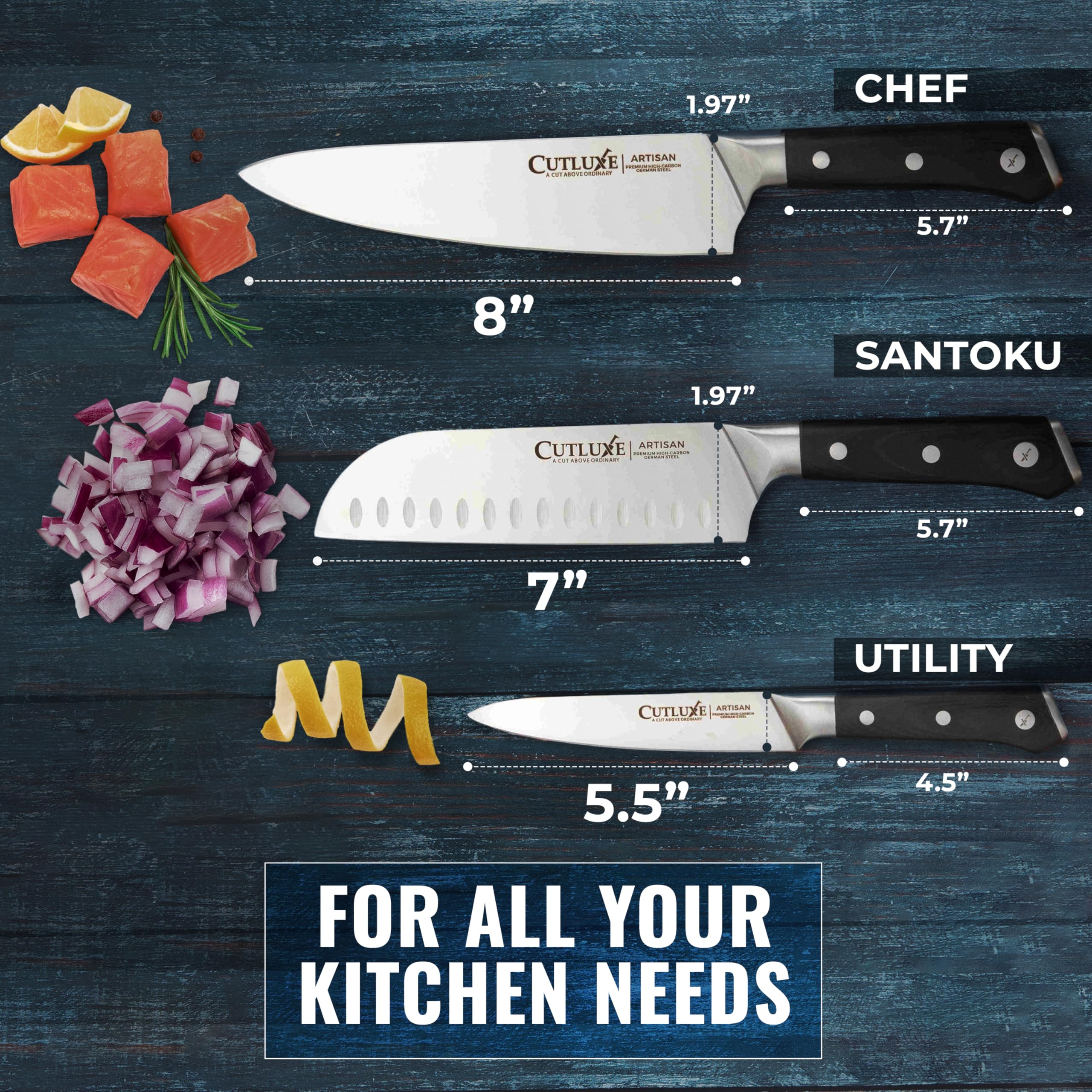 Cutluxe 7-inch santoku knife for versatile chopping and smooth motion.