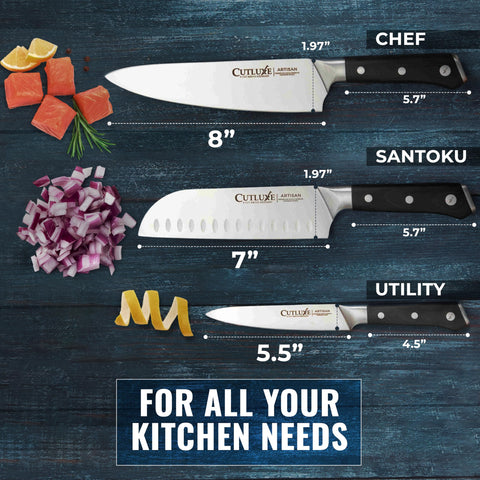 Cutluxe 7-inch santoku knife for versatile chopping and smooth motion.