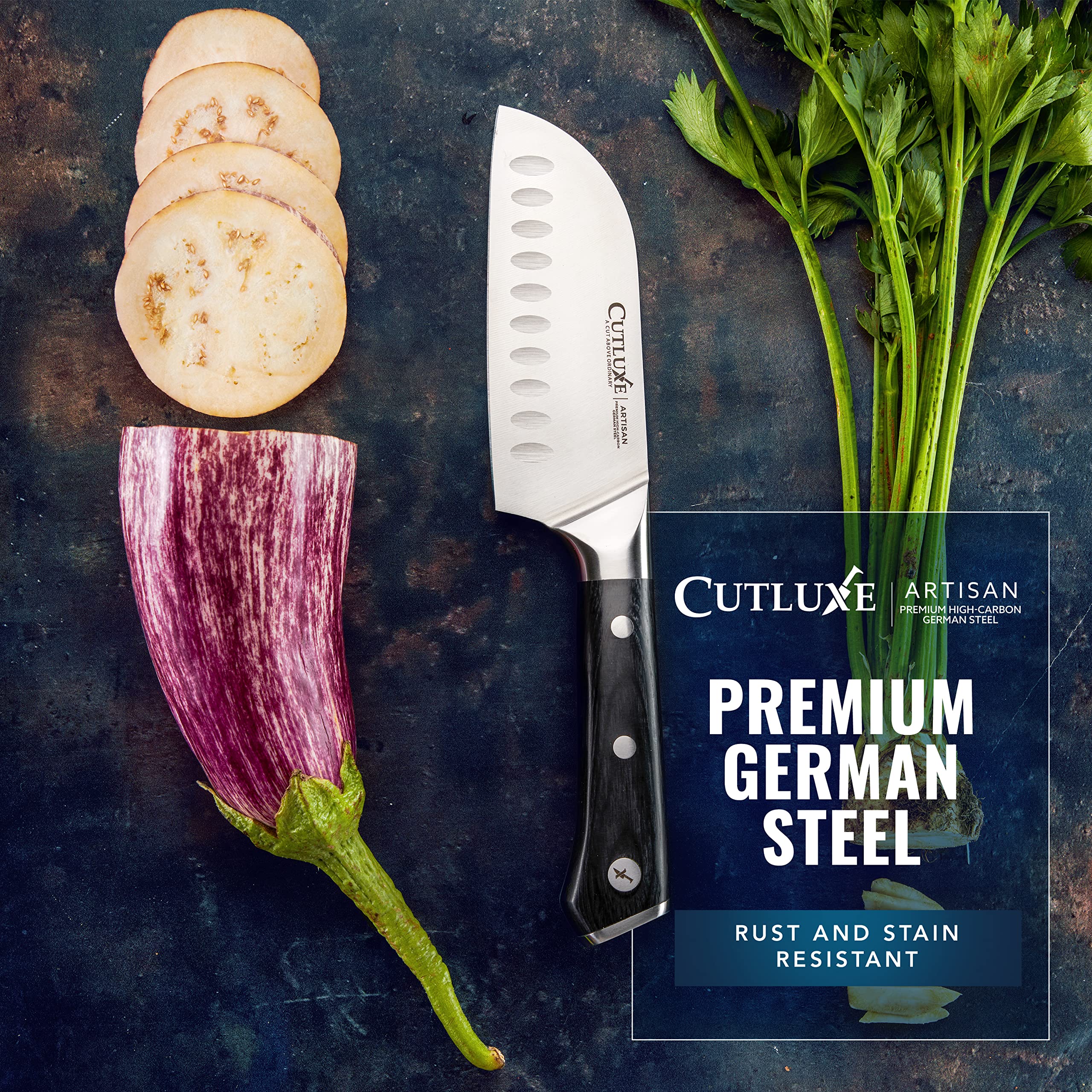 Cutluxe Santoku Knife 5-inch blade ideal for chopping and mincing