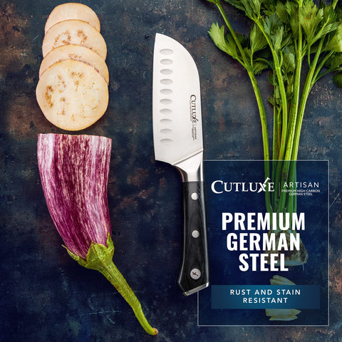 Cutluxe Santoku Knife 5-inch blade ideal for chopping and mincing
