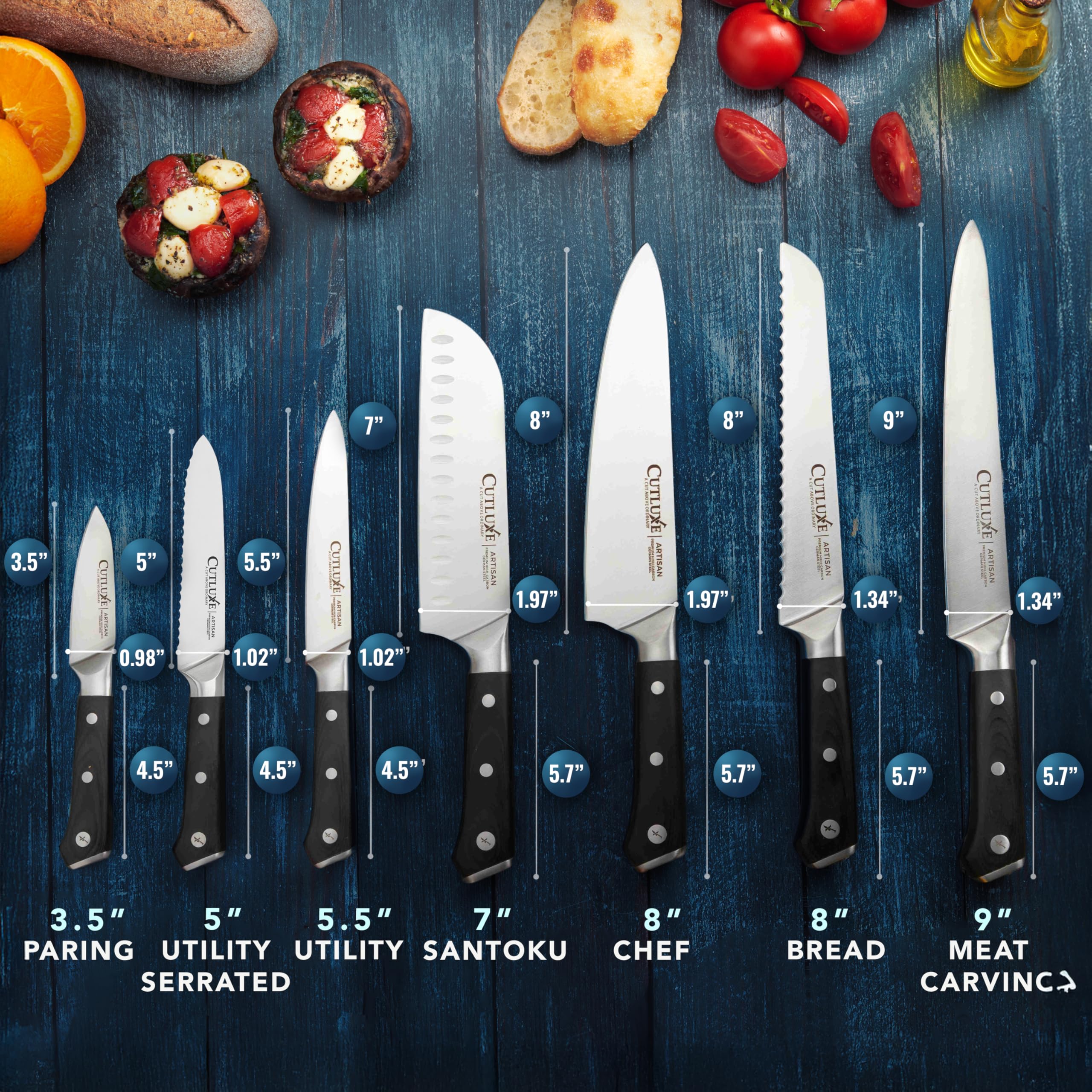 Cutluxe 7-inch Santoku knife in use for clean vegetable and meat cuts.