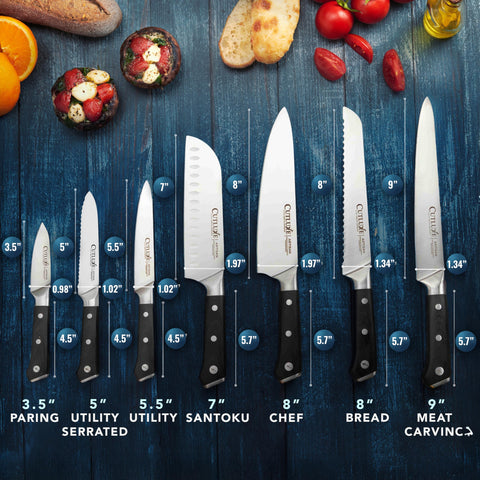 Cutluxe 7-inch Santoku knife in use for clean vegetable and meat cuts.