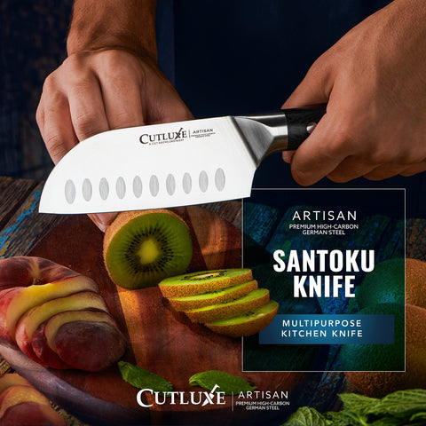 Cutluxe Santoku Knife hand sharpened edge close-up for precision cuts