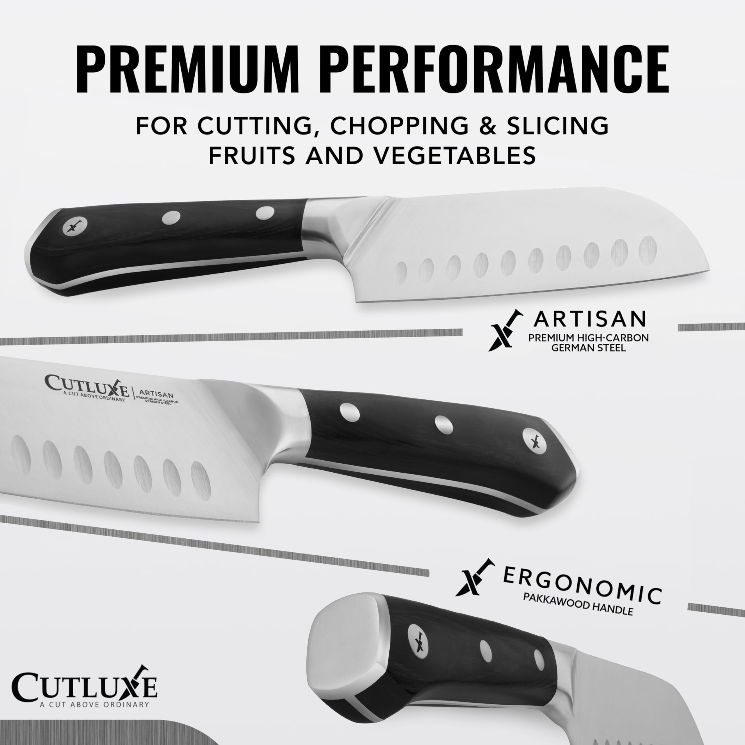 Cutluxe Santoku Knife ergonomic handle close-up for comfortable, secure grip
