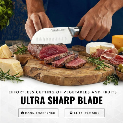 Cutluxe Santoku Knife full tang design visible for balanced control