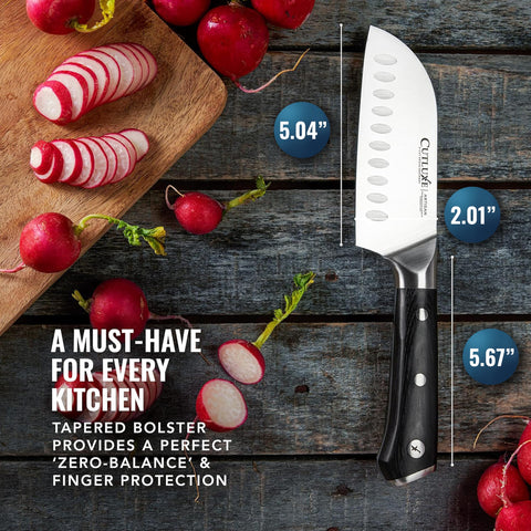 Cutluxe Santoku Knife grooved blade reduces sticking during prep