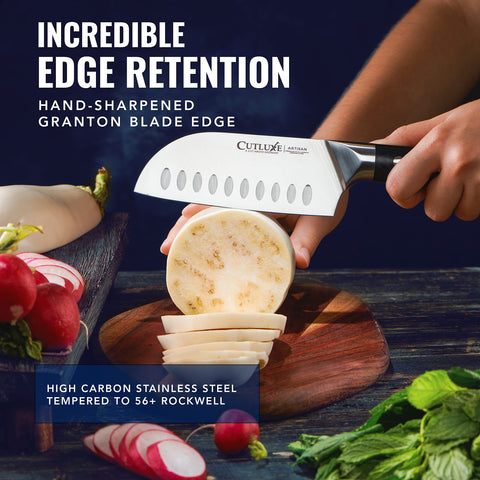 Cutluxe Santoku Knife pakkawood handle and triple rivets for steady grip