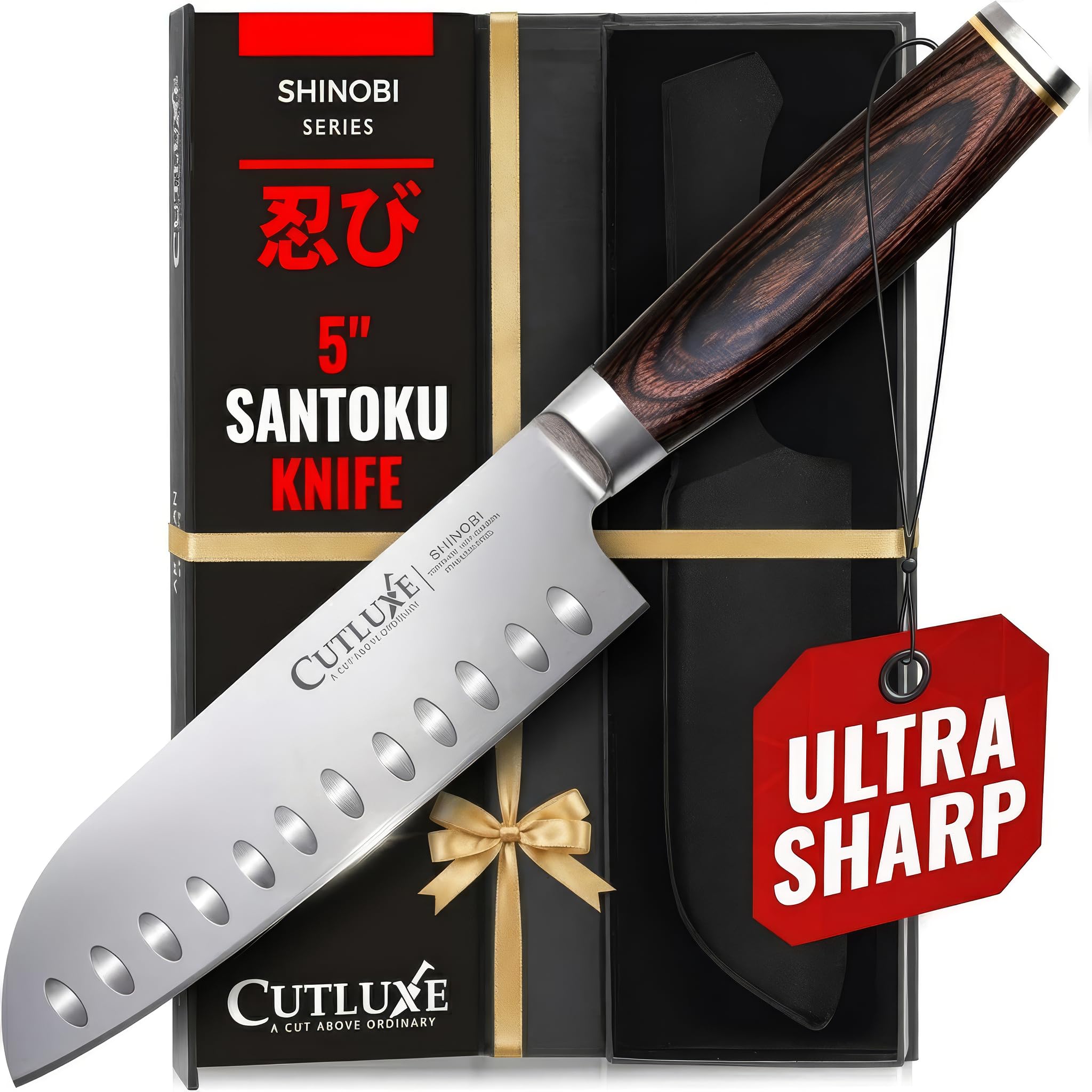 Cutluxe Shinobi 5 inch Santoku blade close-up, razor sharp for precise chopping