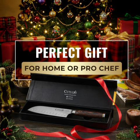 Cutluxe Shinobi 5 inch Santoku with Granton edge reduces sticking
