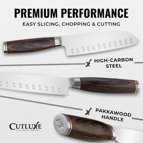Cutluxe Shinobi 5 inch Santoku pakkawood handle for secure grip
