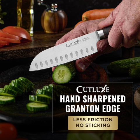 Cutluxe Shinobi 5 inch Santoku in action dicing vegetables smoothly