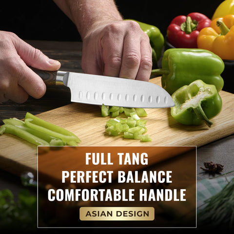Cutluxe Shinobi 5 inch Santoku during vegetable prep in kitchen
