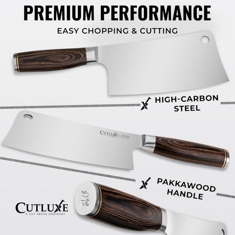 Cutluxe Shinobi cleaver on counter ready for everyday prep