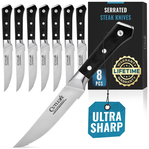 Cutluxe steak knives set 8 with full tang ergonomic handle for secure grip during slicing.