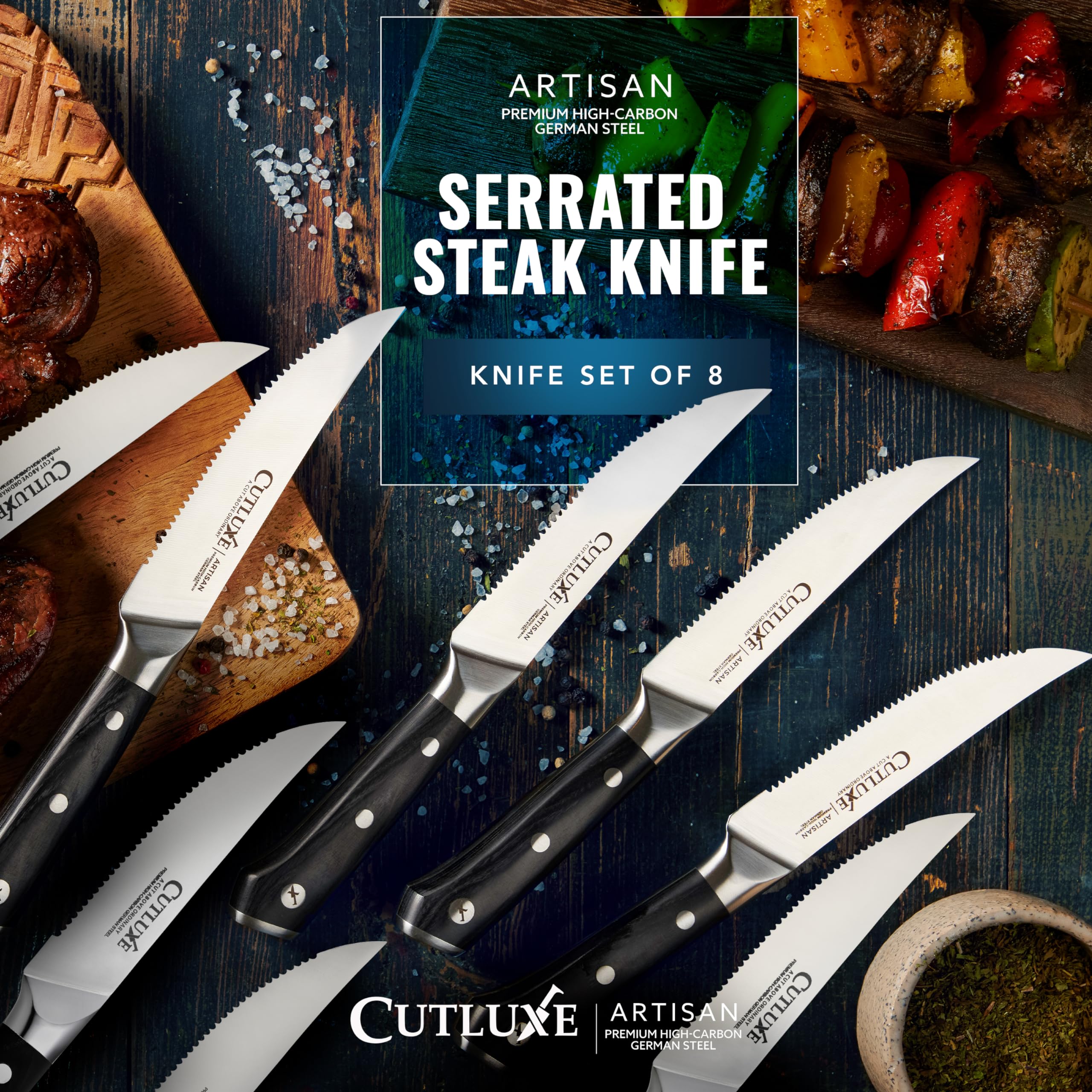 Cutluxe steak knives set 8 forged German steel for lasting performance and rust resistance.