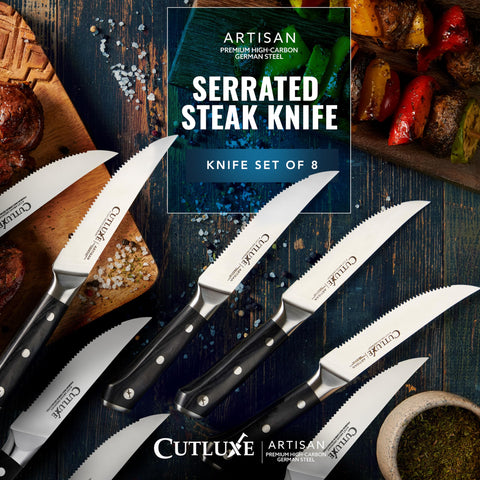 Cutluxe steak knives set 8 forged German steel for lasting performance and rust resistance.