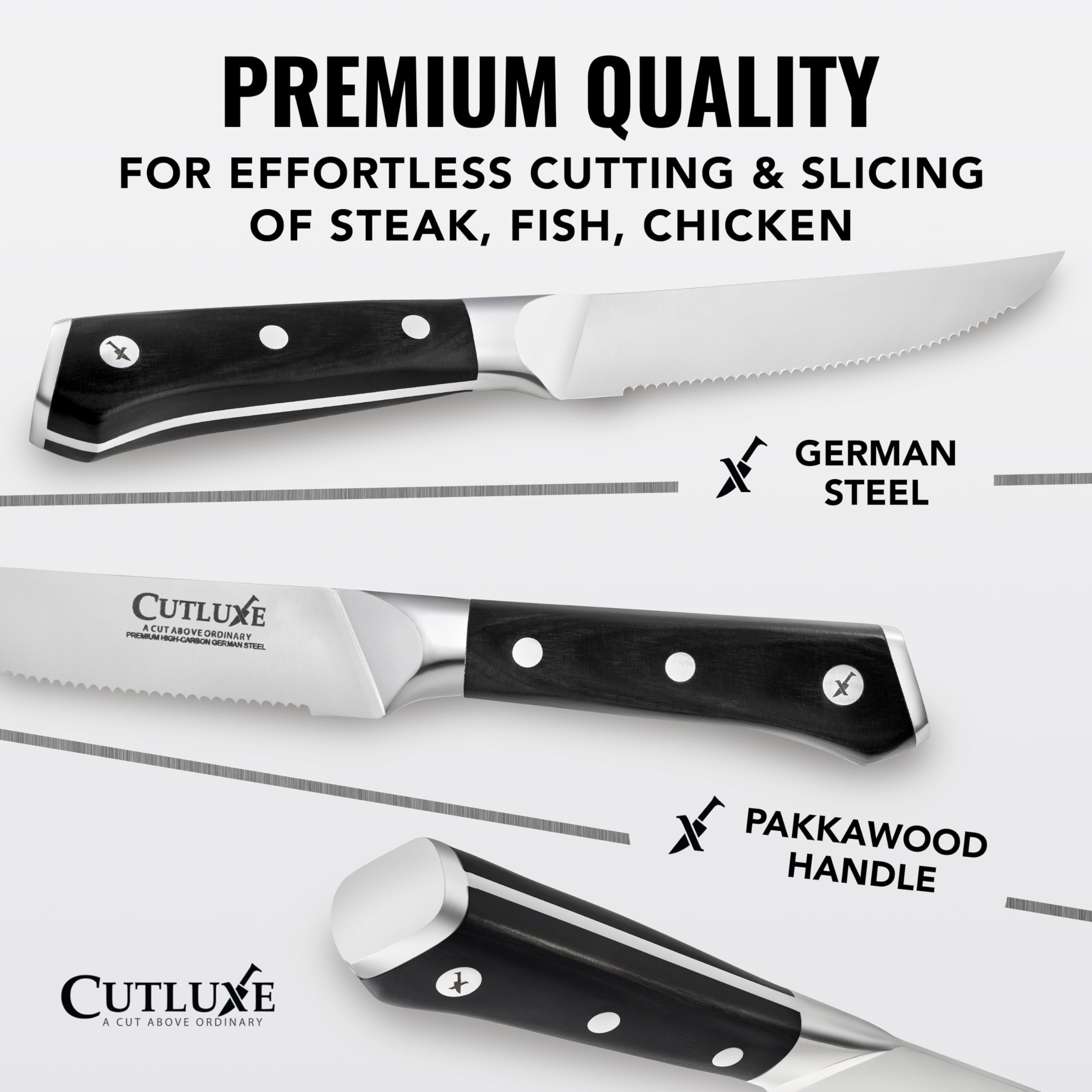 Cutluxe steak knives set 8 showcases pakkawood handle for durable, comfortable kitchen use.
