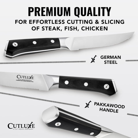 Cutluxe steak knives set 8 showcases pakkawood handle for durable, comfortable kitchen use.