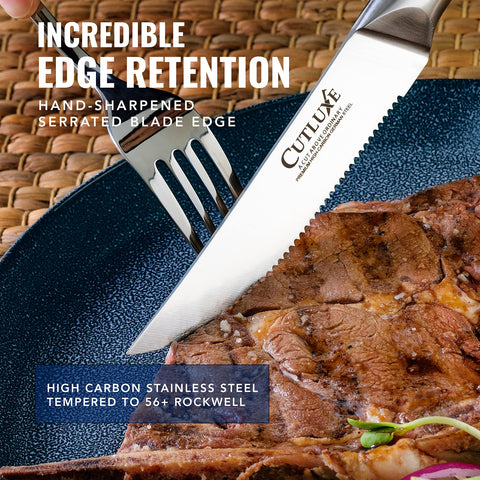 Cutluxe steak knives razor-sharp edge promises clean cuts with minimal effort.