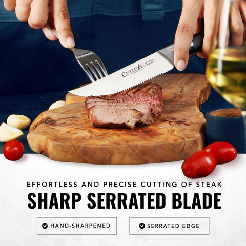 Cutluxe steak knives serrated blade closeup highlighting precision slicing and edge retention.