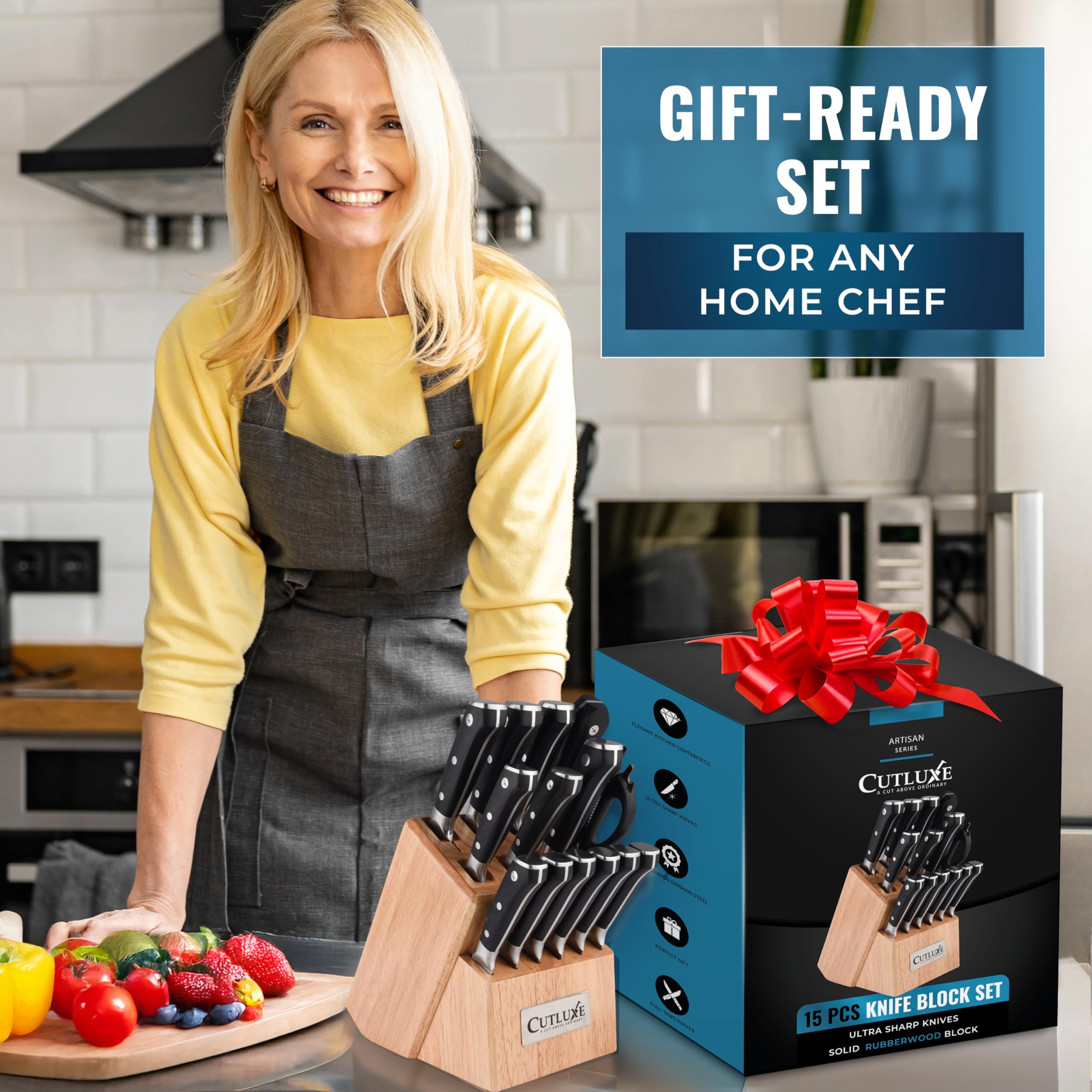 Cutluxe ultra-sharp blades gleaming for precise slicing through vegetables.