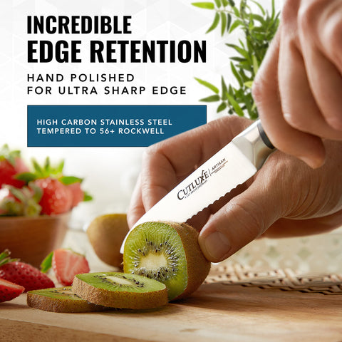 56 plus Rockwell hardness ensures edge retention on the Cutluxe knife.