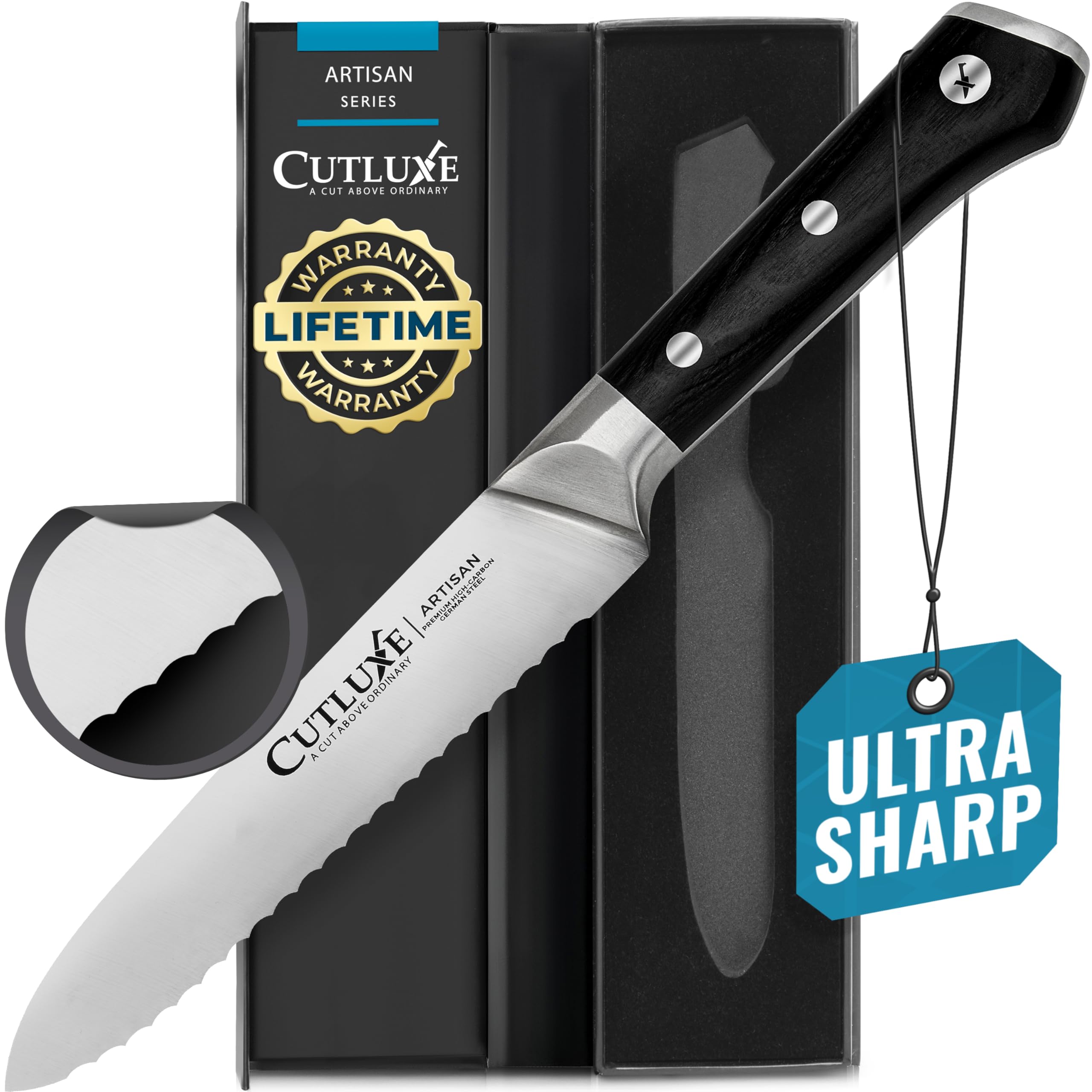 Cutluxe 5 inch utility knife with serrated edge for tomatoes and crusty bread.