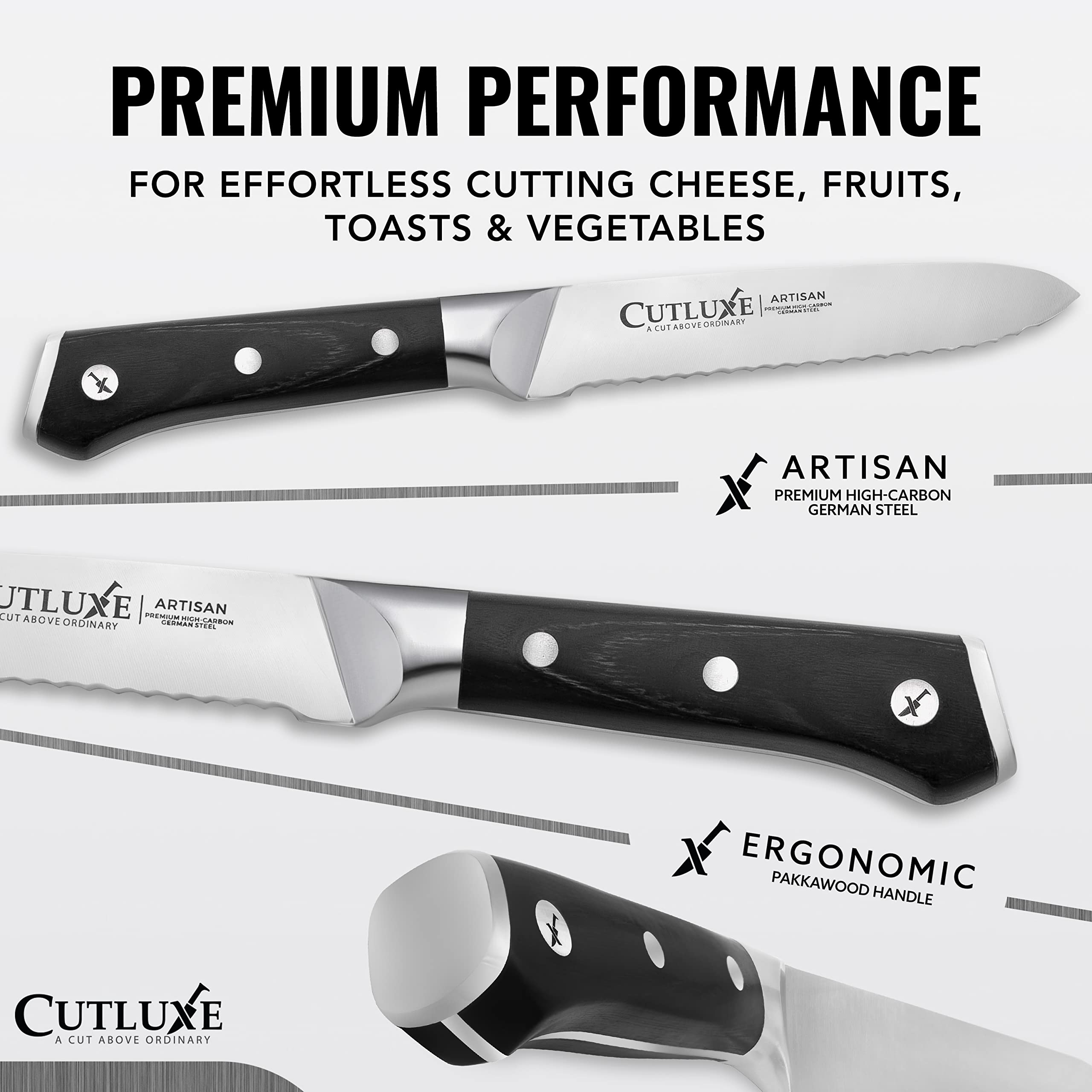 Cutluxe knife with full tang and ergonomic pakkawood handle for balance.