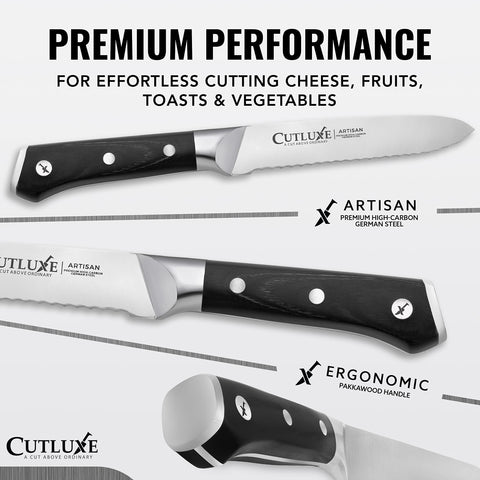 Cutluxe knife with full tang and ergonomic pakkawood handle for balance.