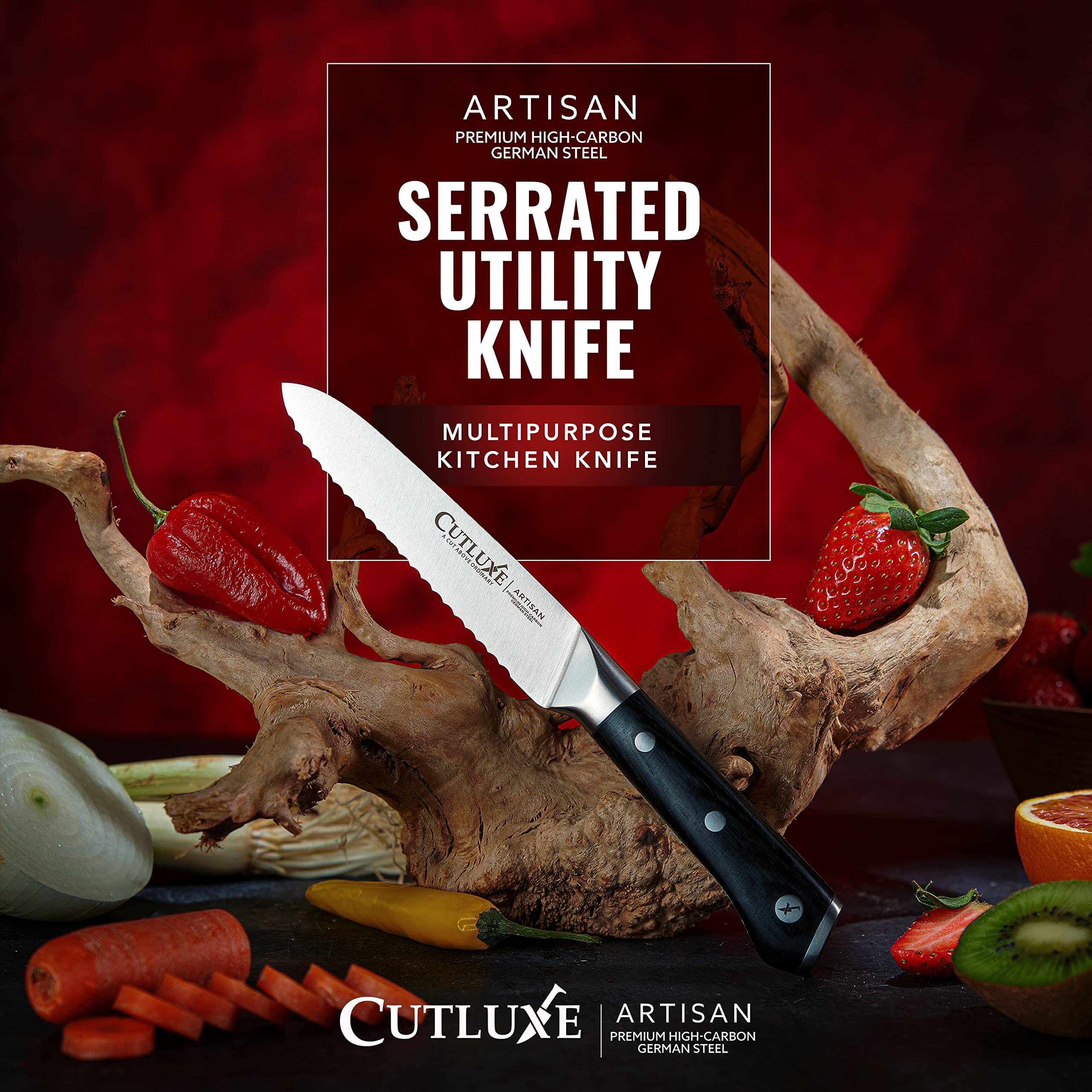 High carbon German steel on Cutluxe knife for durability and corrosion resistance.
