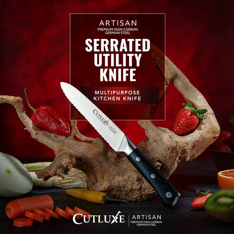 High carbon German steel on Cutluxe knife for durability and corrosion resistance.