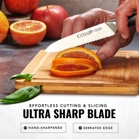 Pakkawood handle on Cutluxe knife blends luxury and sanitation in busy kitchens.
