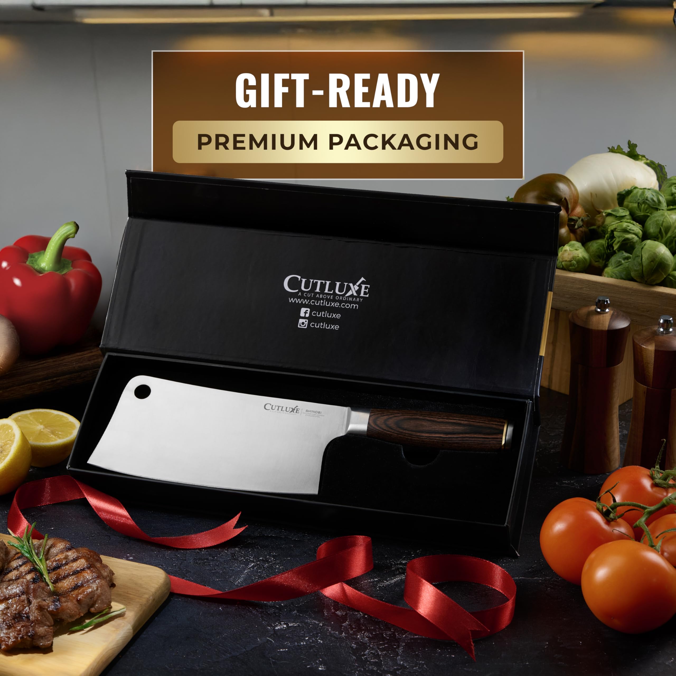 Cutluxe warranty badge on cleaver packaging