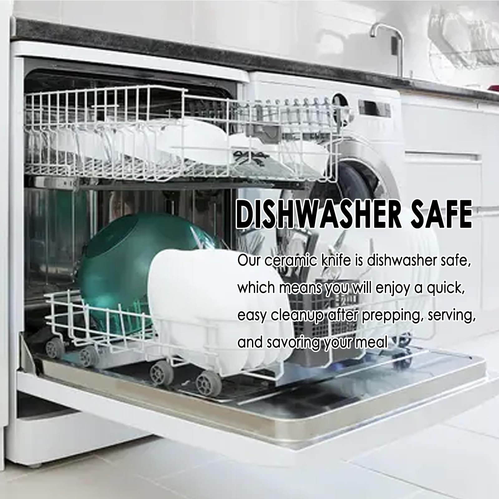 Cutqiz ceramic knife, dishwasher-safe on the top rack for easy cleaning.