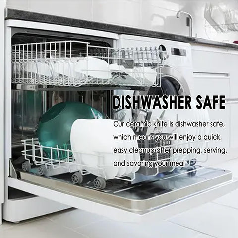 Cutqiz ceramic knife, dishwasher-safe on the top rack for easy cleaning.