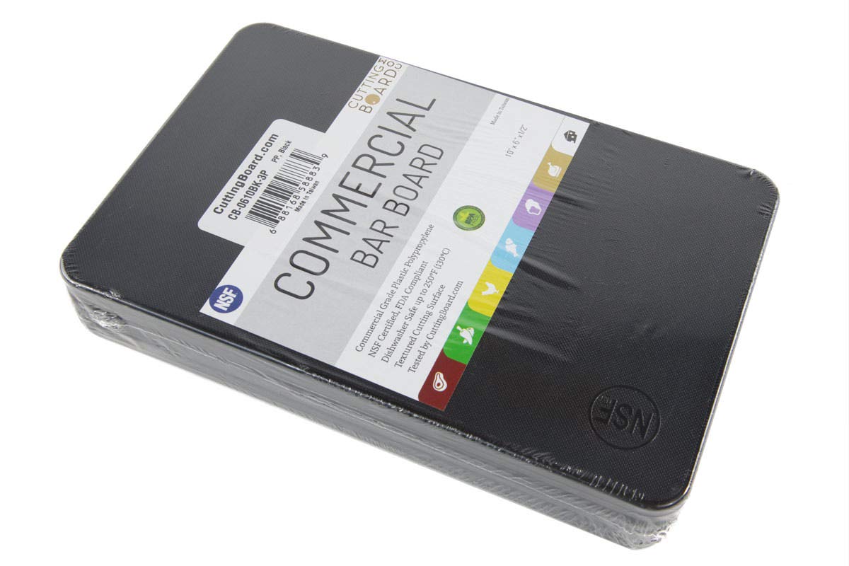 CuttingBoard 10x6 black board hides stains and blends with bar decor.