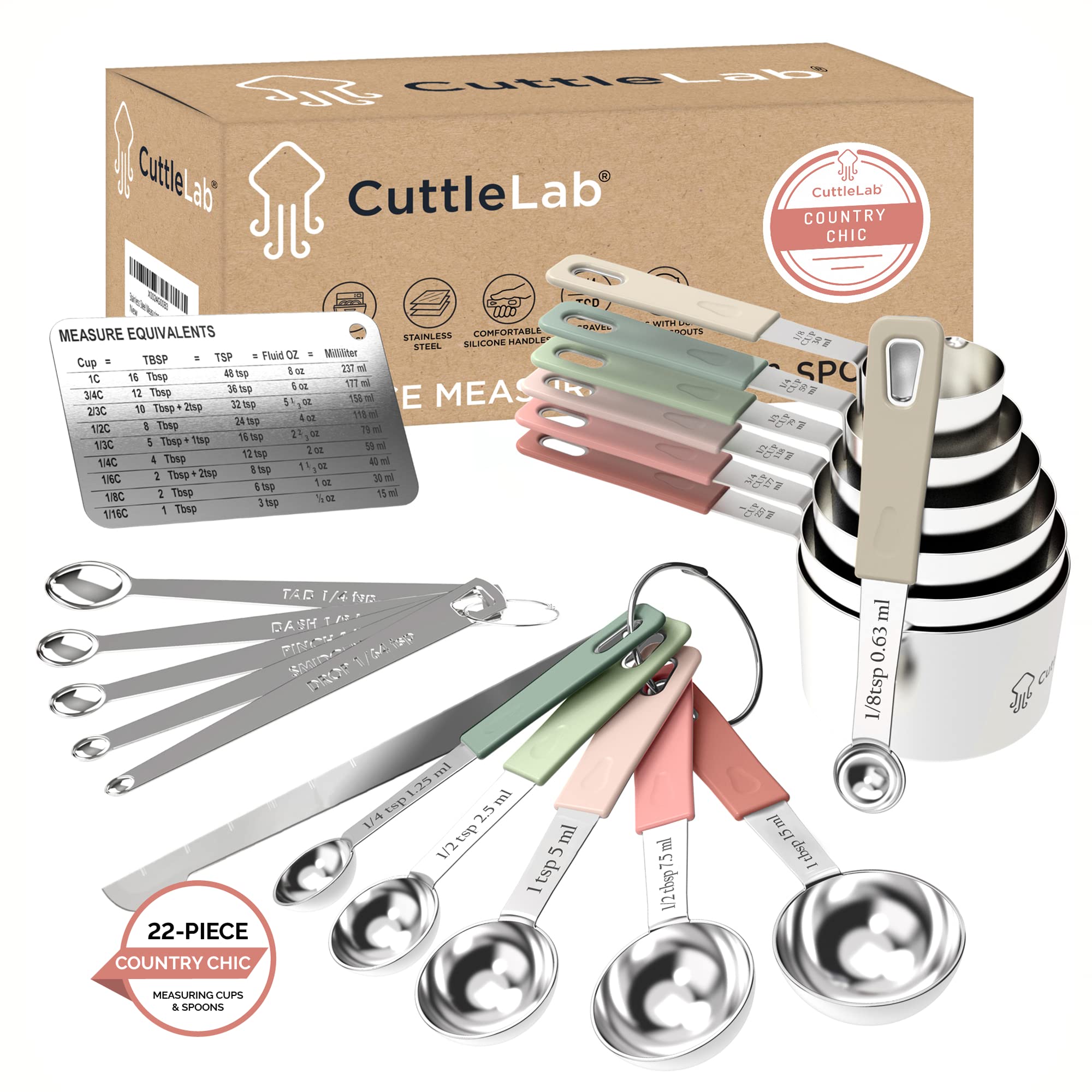 CuttleLab 22-piece set with color-coded cups and spoons for quick measurements.