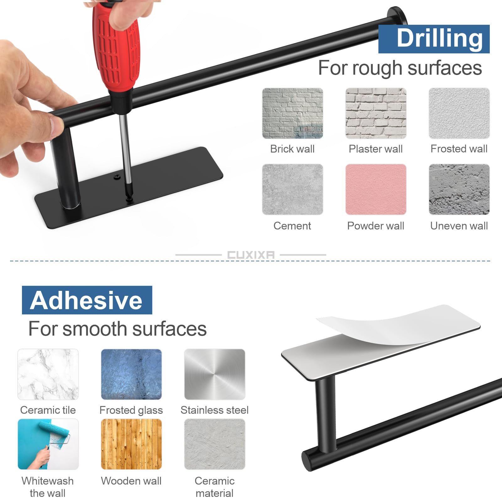 CUXIXA 13-inch adhesive towel holder fits standard rolls in kitchen.