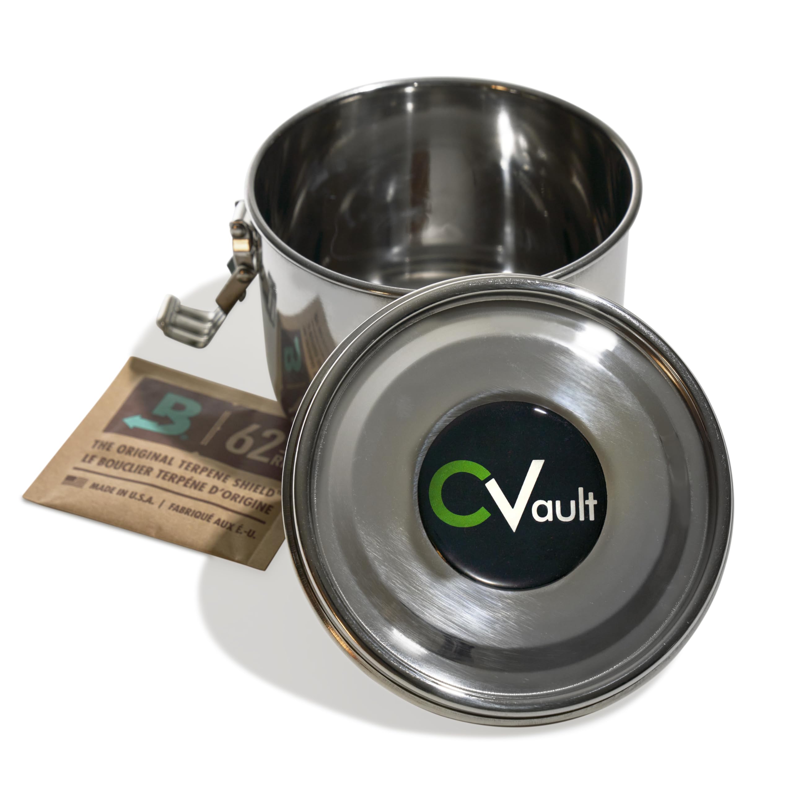 CVAULT airtight seal close-up showing durable stainless steel construction.